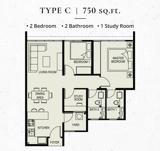 GAIA Residences, Kuang Type C · 750 sq ft · 2 bed