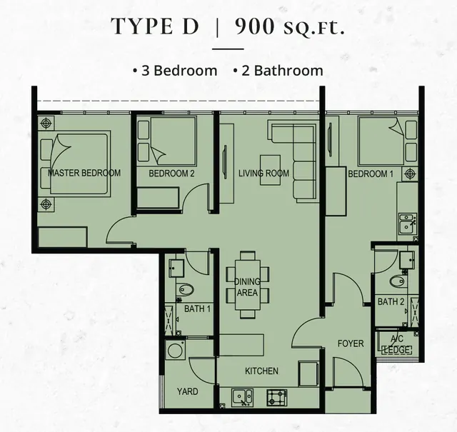 GAIA Residences, Kuang Type D · 900 sq ft · 3 bed