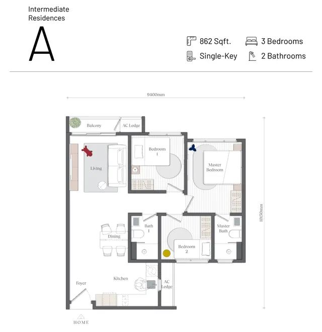 Mezon, Batu Kawan Type A · 862 sq ft · 3 bed