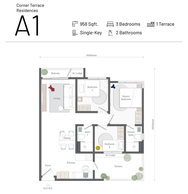 Mezon, Batu Kawan Type A1 · 958 sq ft · 3 bed