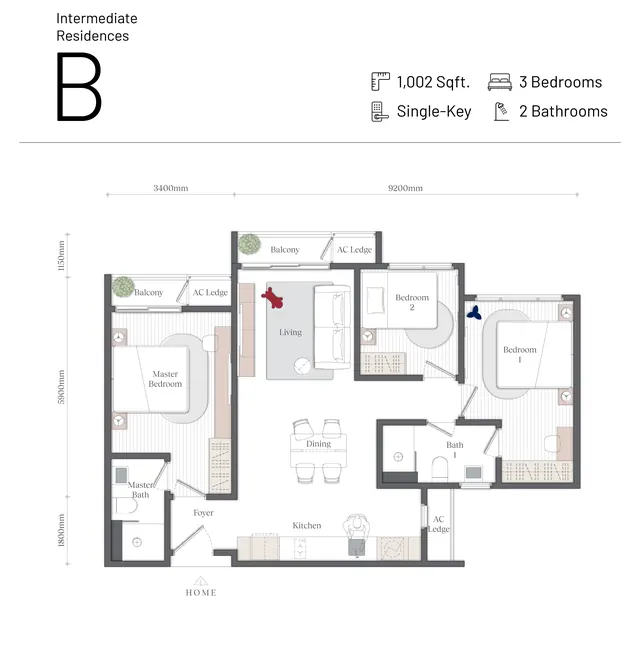 Mezon, Batu Kawan Type B · 1,002 sq ft · 3 bed