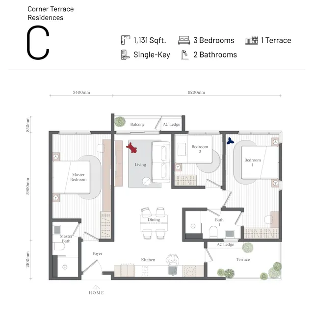 Mezon, Batu Kawan Type C · 1,131 sq ft · 3 bed