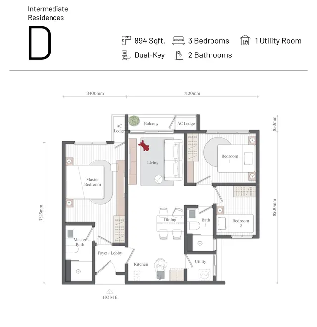 Mezon, Batu Kawan Type D · 894 sq ft · 3 bed