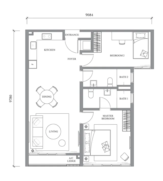River Park Bangsar South, Bangsar South Type A1 · 812 sq ft · 2 bed
