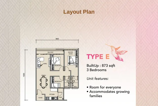 Sky Valley Residences, Johor Bahru Type E · 873 sq ft · 3 bed